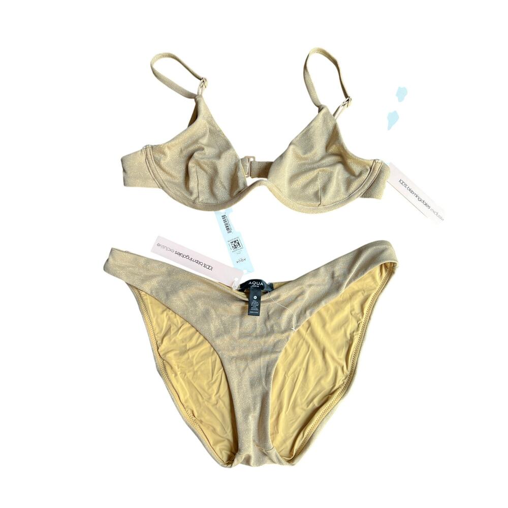 AQUA SWIM BLOOMINGDALES WOMENS MEDIUM WIRE TRIANGLE BIKINI SET SHIMMER GOLD NEW